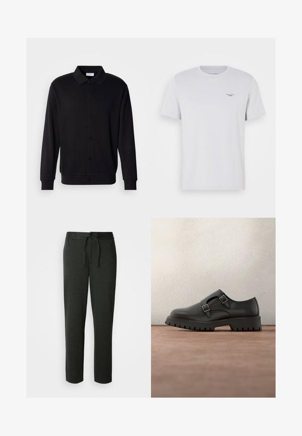 Lindbergh Sweatjakke - black; Hvid bomulds T-shirt med rund hals, korte ærmer og et lille sort logo på venstre bryst. Glat tekstur og standard pasform.; Mørkegrå sweatpants lavet af en blød bomuldsblanding. Har elastisk talje med snor og sidelommer. Lige ben-design.; Sort lædersko med dobbelte spænderemme, rundet tå og tekstureret, tyk gummisål. Minimalistisk design med kontrasterende blåt indre.