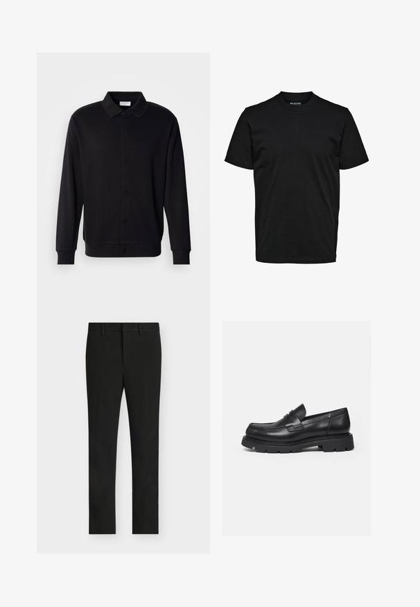 Lindbergh Sudadera con cremallera - black; Camiseta negra lisa de manga corta con cuello redondo, ajuste regular y sin patrones ni logotipos visibles.; Pantalones de vestir ajustados negros con trabillas para cinturón, cremallera frontal y parte delantera plana, mostrados sobre un fondo gris claro.; Mocasín negro de cuero con suela gruesa y acanalada y detalle de tira para moneda, mostrado en perfil lateral derecho sobre fondo blanco.