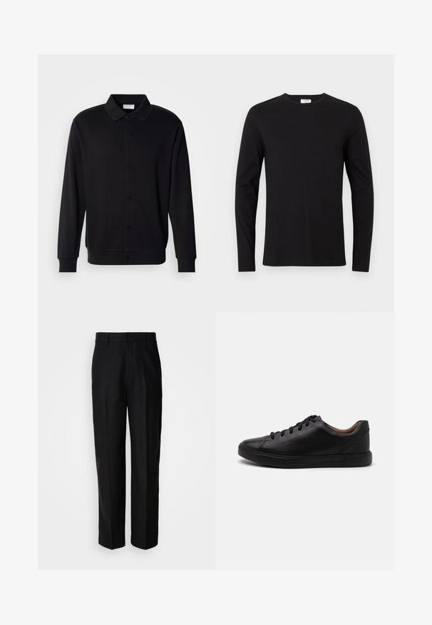Lindbergh Sweatjakke - black; Sort langærmet T-shirt lavet af bomuld, med en rund halsudskæring og et enkelt design uden synlige mønstre eller udsmykninger.; Sorte bukser lavet af glat stof, med lige ben, flad front og bæltestropper, præsenteret mod en ensfarvet baggrund.; Sorte lædersneakers med en glat finish, rund tå og seks huller til snørebånd; har en sort gummisål for godt greb.