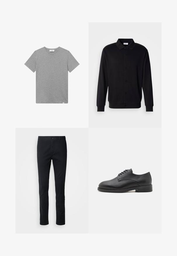 Lindbergh Sudadera con cremallera - black; Camiseta gris de manga corta hecha de una mezcla de algodón. Presenta un cuello redondo y un pequeño detalle de logo en el lado izquierdo del frente.; Pantalones negros de corte recto fabricados en una mezcla de algodón. Cuentan con un cierre de botones y trabillas para cinturón. Textura suave sin patrones visibles.; Zapato oxford de cuero negro con punta redonda, que presenta un acabado suave, cierre de cordones con cinco ojales y un tacón bajo apilado.