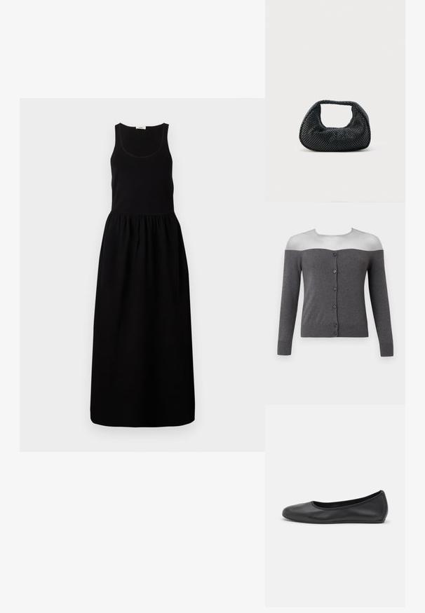 Donkergrijze off-shoulder cardigan met lange mouwen en een rij van zes zwarte knopen aan de voorkant, getoond op een hoofdloze paspop.; Zwart mouwloos maxi-jurk met een aansluitend lijfje, gathered taille en een vloeiende rok. Gemaakt van een zachte stof met een gladde textuur.; Zwarte leren ballerina met een ronde neus, gladde textuur, minimale stikdetails en een flexibele zoolontwerp.; Zwarte geweven hobo-tas met een zachte structuur en geïntegreerd handvat, weergegeven op een effen lichte achtergrond.