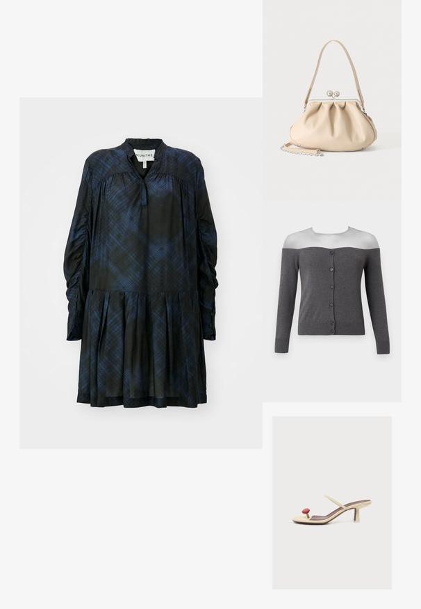 Mørkegrå off-shoulder cardigan med lange ærmer og en forreste række med seks sorte knapper, vist på en hovedløs mannequin.; Sorte og blåternet kjole med høj krave, lange samlede ærmer, plisseret nederdel og knaplukninger ved manchetterne. Glat stofstruktur.; Beige hælsandal med én tynd rem og en rød cirkelformet tåsplit på hvid baggrund.; Beige blød læderhåndtaske med en sølv metalramme-lukning, enkelt skulderstrop og en valgfri kæderem på en hvid baggrund.