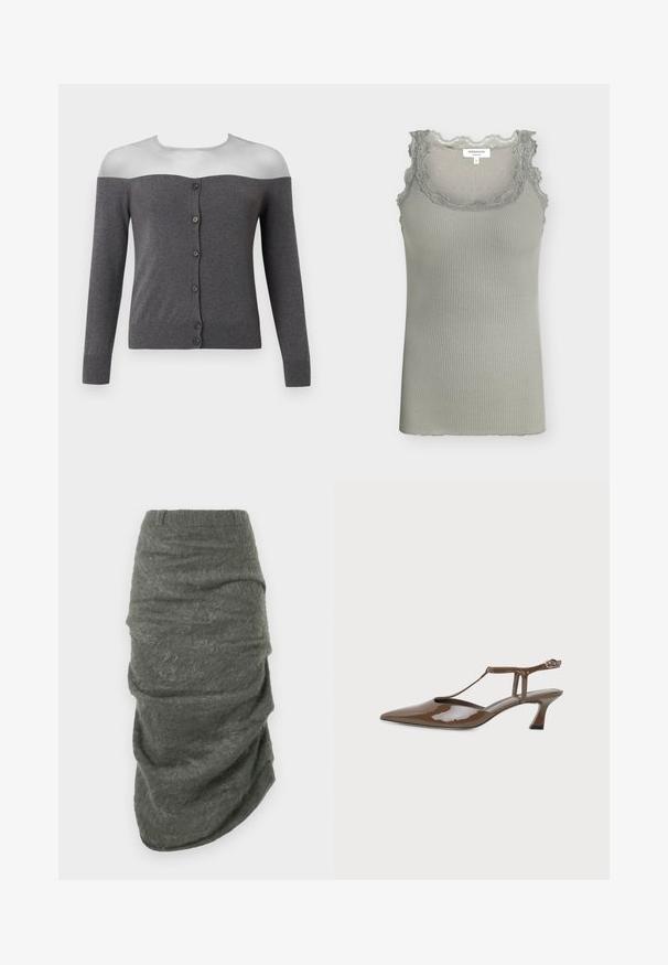 Donkergrijze off-shoulder cardigan met lange mouwen en een rij van zes zwarte knopen aan de voorkant, getoond op een hoofdloze paspop.; Lichtgrijs geribbeld mouwloos topje met kantafwerking rond de halslijn en schouders, maat small met merklabel "Rosemunde".; Donkergrijze asymmetrische mohair rok met gerimpelde textuur en een aansluitende tailleband, plat weergegeven op een witte achtergrond.; Bruine lakleren slingback schoen met spitse neus, lage kittenhak, dunne T-strap en enkelgesp sluiting.