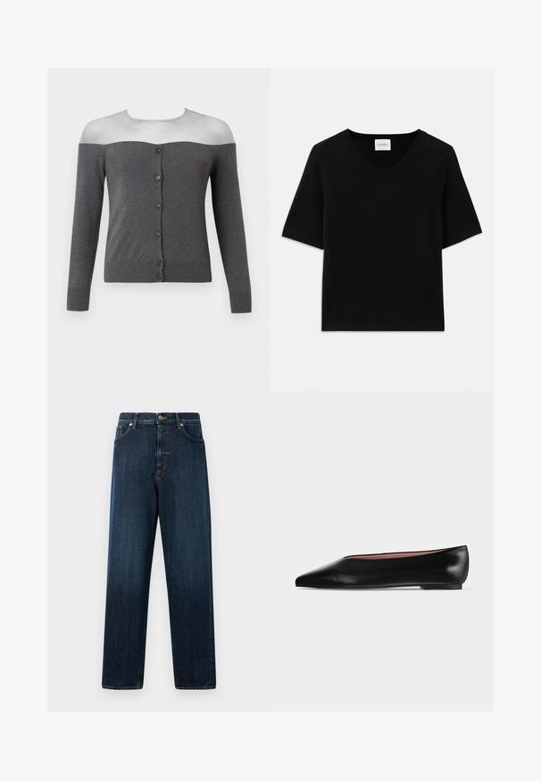 Mørkegrå off-shoulder cardigan med lange ærmer og en forreste række med seks sorte knapper, vist på en hovedløs mannequin.; Sort kortærmet strikket top med rund halsudskæring. Har en glat tekstur og ribbede detaljer langs halsudskæringen og ærmerne.; Mørkeblå lige bukser lavet af denim, som har et klassisk fem-lomme design, syninger og en knaplukning i taljen.; Sort damesko i læder med flad hæl og spids tå, vist fra siden på en ensfarvet lys grå baggrund.