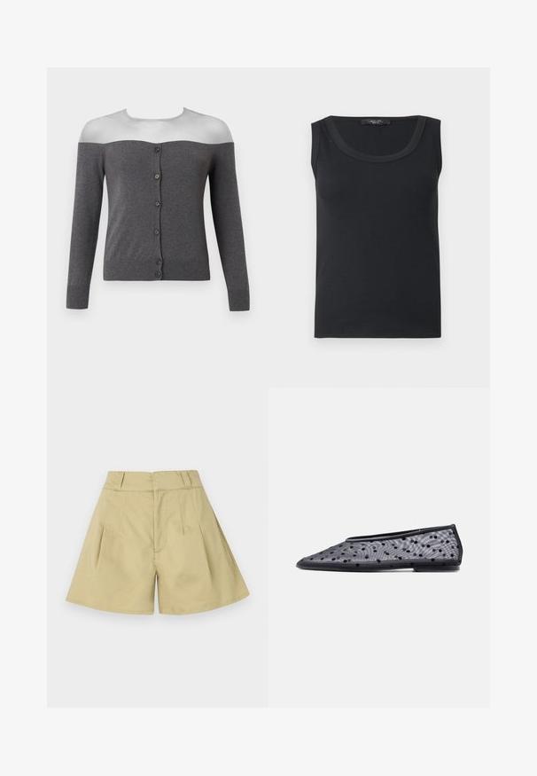 Cardigan gris foncé à épaules dénudées avec manches longues et une rangée avant de six boutons noirs, présenté sur un mannequin sans tête.; Débardeur noir côtelé sans manches avec encolure dégagée, présenté à plat sur un fond blanc.; Short beige taille haute avec passants pour ceinture, plis à l’avant et jambes légèrement évasées.; Chaussure plate noire à bout pointu, en tissu transparent avec un motif à pois noirs sur un fond clair.