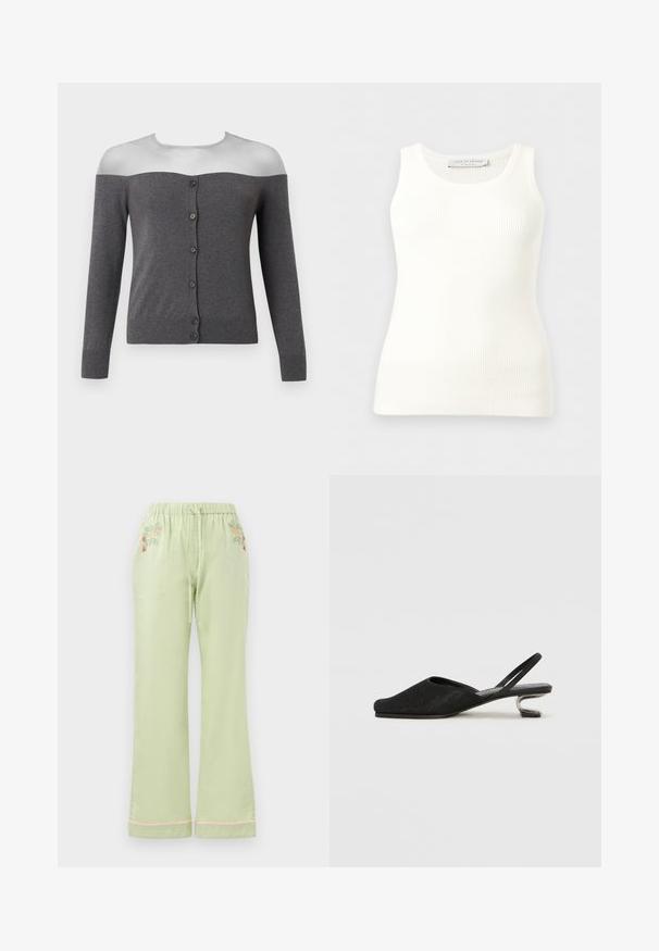 Mørkegrå off-shoulder cardigan med lange ærmer og en forreste række med seks sorte knapper, vist på en hovedløs mannequin.; Hvid, ribstrikket, ærmeløs tanktop med rund halsudskæring, tætsiddende pasform og mærkeetiket på indersiden af bagkraven.; Lys grønne, løse bukser med elastisk talje og snøre. Har blomsterbroderi på fronten og en lyserød kantdetalje.; Sort slingback sko med spids tå, glat stof og en buet metalhæl. Minimalistisk design med en strømlinet silhuet.