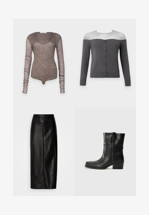 Mørkegrå off-shoulder cardigan med lange ærmer og en forreste række med seks sorte knapper, vist på en hovedløs mannequin.; Brun langærmet bodysuit lavet af let, gennemsigtigt stof. Har en scoop halsudskæring og tætsiddende ærmer med en glat tekstur.; Sort lædernederdel i midi-længde med en tætsiddende talje, glat tekstur, synlige sømdetaljer og en lige silhuet. Ingen pynt er til stede.; Sort læder ankelstøvle med rundt tå, blokhæl, lynlås i siden og stikninger på vampsiden. Glat tekstur, klassisk design.
