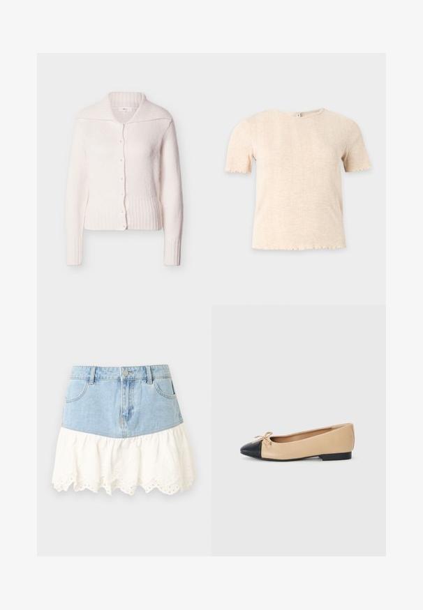 Cardigan blanc en maille douce, avec un ourlet et des poignets côtelés, un large col et une fermeture à boutons sur le devant assortis.; Haut tricoté beige à manches courtes avec col rond et motif côtelé vertical discret, sur fond uni gris clair.; Mini-jupe en denim avec poches avant et bouton, dotée d'un ourlet volanté en dentelle ajourée blanche pour un effet superposé.; Ballerines en cuir beige avec un bout noir, dotées d'un petit nœud sur le devant et d'un petit talon en caoutchouc noir.