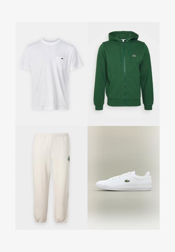 Sudadera verde con cremallera, con bolsillos tipo canguro, capucha con cordón y acento de logo. Fabricada en un material suave con una textura lisa.; Camiseta de algodón blanca con escote redondo y mangas cortas. Cuenta con un bolsillo en el pecho izquierdo y un pequeño logo verde de Lacoste.; Pantalones de chándal de color beige claro, hechos de algodón, con una cinturilla elástica, puños acanalados y un logo verde con diseño de hoja en la pierna izquierda.; Zapatillas de cuero blanco con suela de goma texturizada, que presentan un logo de cocodrilo bordado en verde en el lateral y una imagen de marca minimalista.