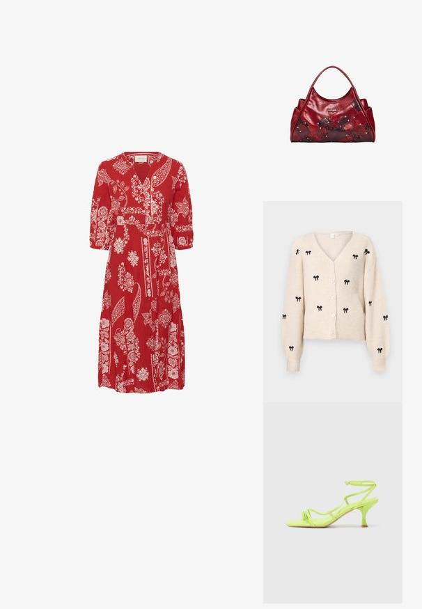 Beige strikket cardigan med V-udskæring, der har sorte broderede sløjfer, lange ærmer og hvide knapper foran.; Rød midi-kjole med hvide blomster- og paisleymønstre, V-udskæring, trekvartlange pufærmer og knaplukning foran.; Neon grøn højhælede sandal med firkantet tå, tynde stropper, ankelspænde og buet hæl. Glat materiale med en blank finish.; Rød håndtaske med en blank læderfinish, der har vævede sektioner af tekstureret materiale, metal accenter og en rund form.