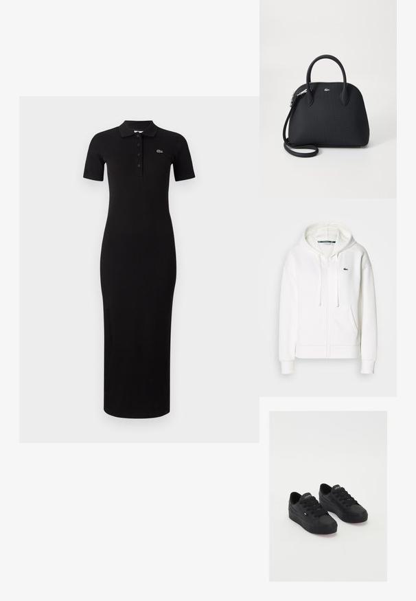 Witte zip-up hoodie gemaakt van zachte stof, met een capuchon, kangoeroezakken en een klein groen Lacoste-logo op de linkerborst.; Zwart midi pol dresses met korte mouwen, geribbelde textuur en knoopsluiting. Kenmerkt zich door een klein groen logo op de linkerkant van de borst.; Zwarte low-top sneakers van glad materiaal, met dikke veters, een gestructureerde zool en een klein logo aan de zijkant en op de tong.; Zwarte handtas van textuur materiaal, voorzien van twee bovenhandvatten en een afneembare schouderriem, met een zilveren logo-accent.