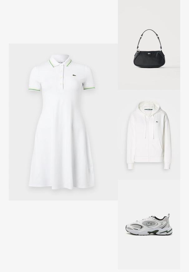 Veste à zip blanche en tissu doux, dotée d'une capuche, de poches kangourou et d'un petit logo vert Lacoste sur la poitrine gauche.; Robe polo blanche à manches courtes avec col et poignets rayés verts, patte de boutonnage et petit logo crocodile vert sur la poitrine.; Baskets blanches avec des panneaux en mesh, des accents noirs et une semelle texturée. Présente un design élégant et un logo bien en vue sur le côté.; Sac d'épaule noir avec sangle réglable, fermeture éclair et petit logo crocodile argenté au centre devant.