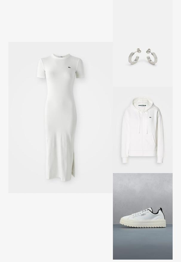 Sudadera blanca con cremallera hecha de tela suave, que cuenta con una capucha, bolsillos tipo canguro y un pequeño logo verde de Lacoste en el lado izquierdo del pecho.; Vestido midi blanco de canalé con mangas cortas, cuello redondo y abertura lateral. Cuenta con un pequeño logo verde en el pecho. Textura suave y ajustada.; Zapatilla de cuero blanca con una suela gruesa y texturizada de diseño serrado. Los acentos negros en el talón y la lengüeta añaden contraste.; Pendientes aros de metal plateado con un diseño texturizado, que cuentan con un pequeño respaldo de clip y una marca en uno de los aros. Forma redondeada con un acabado pulido.