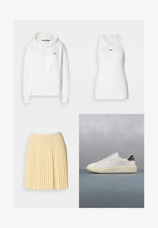 Weißer Reißverschluss-Hoodie aus weichem Stoff, mit Kapuze, Kängurutaschen und einem kleinen grünen Lacoste-Logo auf der linken Brust.; Weißes ärmelloses Tanktop mit rundem Halsausschnitt und geripptem Material. Auf der Brust befindet sich ein kleines grünes Lacoste-Krokodil-Logo.; Heller gelber, plissierter Rock mit einem Bund, der das Lacoste-Logo trägt. Hergestellt aus leichtem Material, hat er ein fließendes Design und eine glatte Textur.; Weiße Sneaker mit einem Obermaterial aus glattem Leder, ausgestattet mit einer tanfarbenen und schwarzen Lederfersenkappe, runden Schnürsenkeln und einer massiven beige Gummisohle. Goldene Logo-Details.