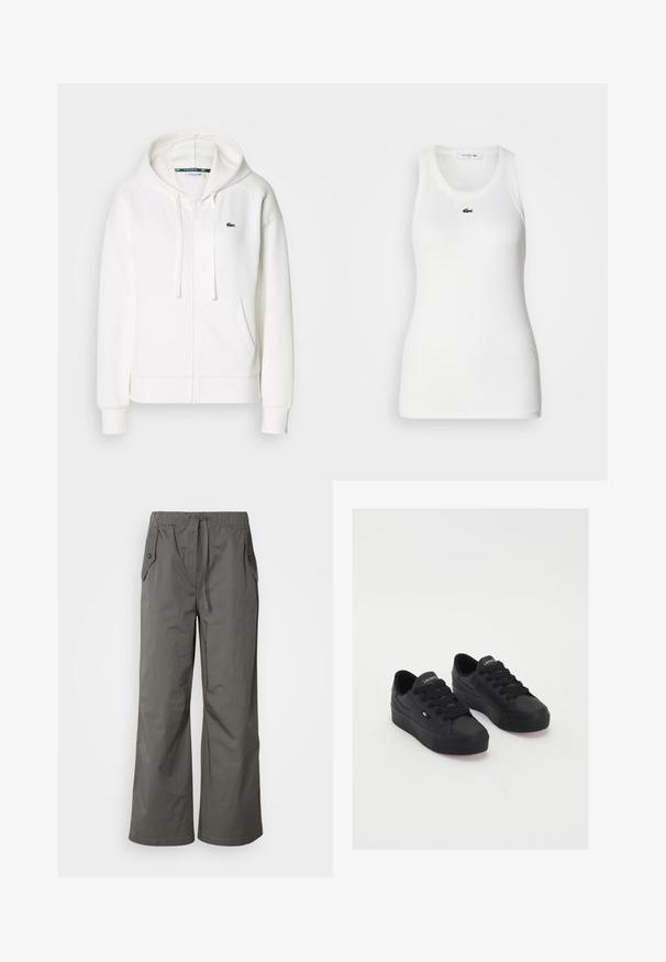 Weißer Reißverschluss-Hoodie aus weichem Stoff, mit Kapuze, Kängurutaschen und einem kleinen grünen Lacoste-Logo auf der linken Brust.; Weißes ärmelloses Tanktop mit rundem Halsausschnitt und geripptem Material. Auf der Brust befindet sich ein kleines grünes Lacoste-Krokodil-Logo.; Graue weit geschnittene Hose aus leichtem Stoff, mit elastischem Bund, Kordelzug und zwei seitlichen Taschen mit Knopfakzenten.; Schwarze Low-Top-Sneaker aus glattem Material, mit dicken Schnürsenkeln, einer strukturierten Sohle und einem kleinen Logo an der Seite und auf der Zunge.