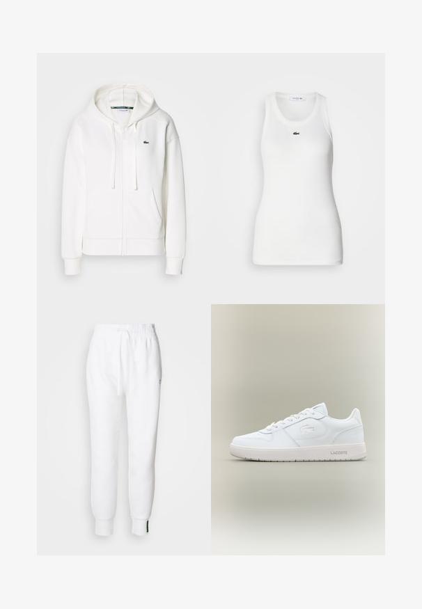 Biely zipsový mikina vyrobená z mäkkej tkaniny, s kapucňou, klokankovými vreckami a malým zeleným logom Lacoste na ľavej hrudi.; Biela bezrukávová tielko s okrúhlym výstrihom a rebrovanou textúrou. Na hrudi má malú zelenú kroko logo Lacoste.; Biele jogger nohavice s elastickým pásom a šnúrkou, so bočnými vreckami a rebrovanými manžetami. Mäkká tkanina s vyšívaným logom.; Biele kožené tenisky s hladkým povrchom, okrúhlou špičkou, šnurovacím dizajnom a jemne embosovaným logom na boku. Obsahujú gumovú podrážku.