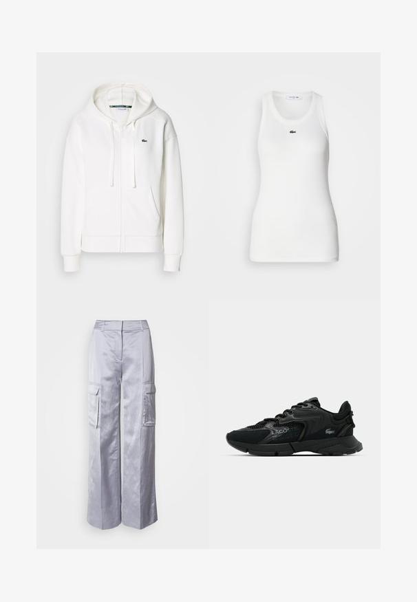 Weißer Reißverschluss-Hoodie aus weichem Stoff, mit Kapuze, Kängurutaschen und einem kleinen grünen Lacoste-Logo auf der linken Brust.; Weißes ärmelloses Tanktop mit rundem Halsausschnitt und geripptem Material. Auf der Brust befindet sich ein kleines grünes Lacoste-Krokodil-Logo.; Hellegraue, weit geschnittene Cargo-Hosen aus glattem Stoff, mit Seitentaschen, einem taillierten Bund und ohne sichtbare Verschlüsse oder Reißverschlüsse.; Schwarzer Sportschuh aus Mesh und synthetischen Materialien, mit strukturierten Akzenten, Schnürdesign und prominentem Logo an der Seite.