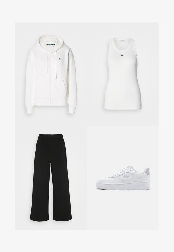 Hvid zip hoodie lavet af blødt stof, med hætte, kængurulommer og et lille grønt Lacoste-logo på venstre bryst.; Hvid ærmeløs tanktop med rund halsudskæring og ribbet tekstur. Har et lille grønt Lacoste krokodillelogo på brystet.; Sorte brede bukser med elastisk talje. Fremstillet af et blødt, let materiale. Har lodrette syninger foran.; Hvid sportsko med glat læderoverdel, rund tå og snørelukning. Har prægede logoer og grå detaljer på hælen. Flad gummisål.