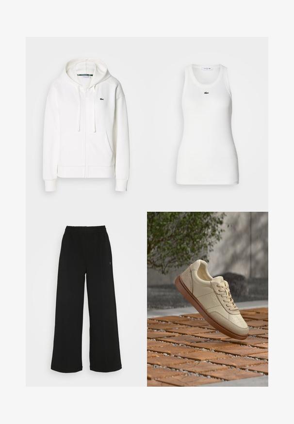Witte zip-up hoodie gemaakt van zachte stof, met een capuchon, kangoeroezakken en een klein groen Lacoste-logo op de linkerborst.; Witte mouwloze tanktop met een ronde hals en geribbelde textuur. Heeft een klein groen Lacoste krokodillogo op de borst.; Zwarte wijde broek met een elastische tailleband. Gemaakt van een zachte, lichte stof. Heeft verticale naden aan de voorkant.; Beige leren sneaker met bruine zool zwevend boven een betegeld buitenterrein met verspreide kleine steentjes en groene bladeren op de achtergrond.