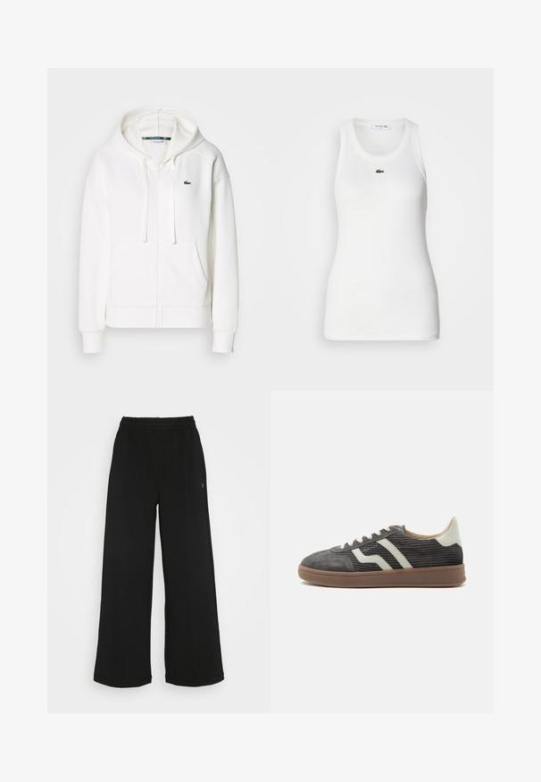 Hvid zip hoodie lavet af blødt stof, med hætte, kængurulommer og et lille grønt Lacoste-logo på venstre bryst.; Hvid ærmeløs tanktop med rund halsudskæring og ribbet tekstur. Har et lille grønt Lacoste krokodillelogo på brystet.; Sorte brede bukser med elastisk talje. Fremstillet af et blødt, let materiale. Har lodrette syninger foran.; Grå corduroy lav-sneaker med hvide sidestriber, beige hælflap, hvide snørebånd og brun gummisål.