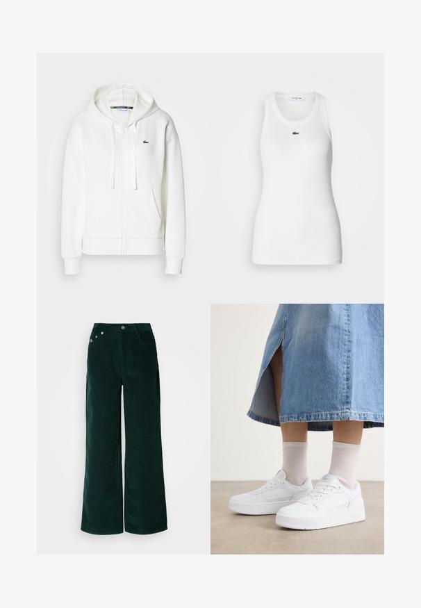 Witte zip-up hoodie gemaakt van zachte stof, met een capuchon, kangoeroezakken en een klein groen Lacoste-logo op de linkerborst.; Witte mouwloze tanktop met een ronde hals en geribbelde textuur. Heeft een klein groen Lacoste krokodillogo op de borst.; Wijd uitlopende ribfluwelen broek in donker groen. Voorzien van een horizontale geribbelde textuur, steekzakken aan de voorkant en een knoopsluiting met merkdetails.; Witte sneakers van textiel leer, met een platformzool, ronde neus en vetersluiting; gecombineerd met lichtgrijze crew-sokken en een spijkerrok.