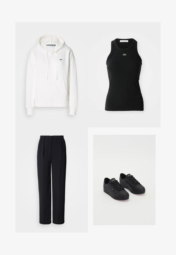 Veste à zip blanche en tissu doux, dotée d'une capuche, de poches kangourou et d'un petit logo vert Lacoste sur la poitrine gauche.; Débardeur noir à côtes sans manches avec un col rond et un petit logo crocodile vert Lacoste centré sous l'encolure.; Pantalon droit noir sur mesure avec plis sur le devant, passants pour ceinture et fermeture éclair dissimulée sur un fond blanc.; Baskets basses noires en matériau lisse, avec des lacets épais, une semelle texturée et un petit logo sur le côté et la languette.