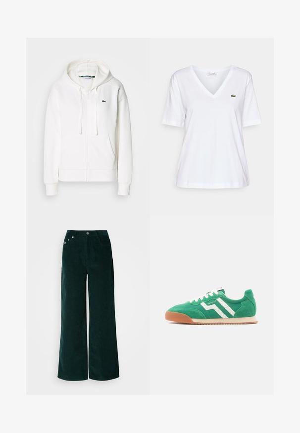 Hvid zip hoodie lavet af blødt stof, med hætte, kængurulommer og et lille grønt Lacoste-logo på venstre bryst.; Hvid V-hals t-shirt lavet af bomuld med korte ærmer, prydet med et lille grønt krokodillelogo på venstre bryst. Simpelt design og letvægts.; Bukser med vide ben i mørkegrøn fløjl. Har en horisontal ribbet tekstur, forlommer og en knaplukning med mærkede detaljer.; Grøn ruskindsneaker med hvide striber og snørebånd, med en gummi-gummisål. Klassisk design med en retro atletisk stil.