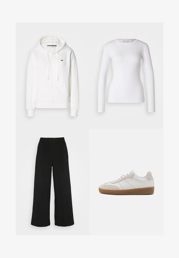 Biely zipsový mikina vyrobená z mäkkej tkaniny, s kapucňou, klokankovými vreckami a malým zeleným logom Lacoste na ľavej hrudi.; Biely dlhý rukáv tričko vyrobené z rebrovanej látky, s okrúhlym výstrihom a priliehavým strihom. Neobsahuje vzory ani akcenty.; Čierne široké nohavice s elastickým pásom. Vyrobené z mäkkého, ľahkého materiálu. Obsahujú vertikálne švy po prednej strane.; Biele kožené tenisky s béžovými semišovými akcentmi, textúrovaným jazykom a gumovou podrážkou. Obsahuje biele šnúrky a nenápadné šité detaily.