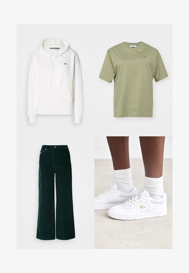 Sudadera blanca con cremallera hecha de tela suave, que cuenta con una capucha, bolsillos tipo canguro y un pequeño logo verde de Lacoste en el lado izquierdo del pecho.; Lacoste Camiseta básica - khaki; Pantalones de pana de pierna ancha en verde oscuro. Presentan una textura acanalada horizontal, bolsillos frontales y cierre con botones con detalles de marca.; Zapatillas de piel blanca de Lacoste con paneles laterales perforados, acento de logotipo dorado y suela de goma texturizada blanca. Combinadas con calcetines blancos.