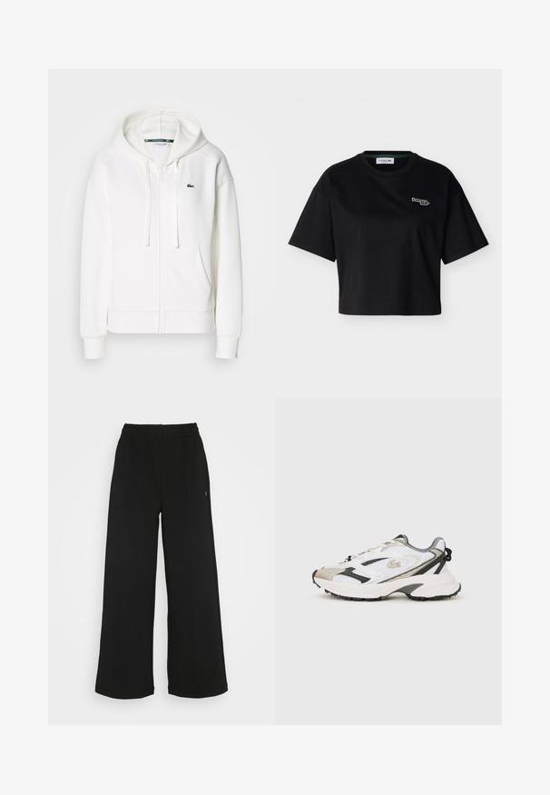 Biely zipsový mikina vyrobená z mäkkej tkaniny, s kapucňou, klokankovými vreckami a malým zeleným logom Lacoste na ľavej hrudi.; Čierne skrátené tričko s krátkym rukávom, okrúhlym výstrihom a malým vyšívaným logom Lacoste na ľavej strane hrudníka.; Čierne široké nohavice s elastickým pásom. Vyrobené z mäkkého, ľahkého materiálu. Obsahujú vertikálne švy po prednej strane.; Biele a šedé tenisky s priedušným zvrškom, čiernymi akcentmi a textúrovanou podrážkou. Obsahujú šnúrky, branding a kontrastné dizajnové prvky.