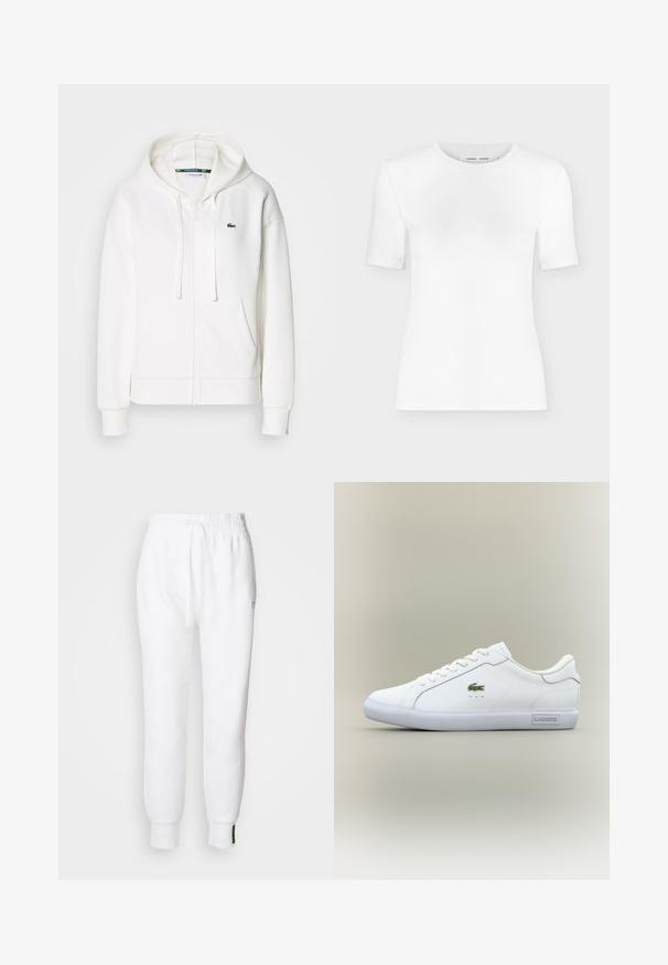 Biely zipsový mikina vyrobená z mäkkej tkaniny, s kapucňou, klokankovými vreckami a malým zeleným logom Lacoste na ľavej hrudi.; Biele tričko s krátkym rukávom a okrúhlym výstrihom, úzkym strihom a rebrovanou textúrou látky, zobrazené na jednoduchom svetlosivom pozadí.; Biele jogger nohavice s elastickým pásom a šnúrkou, so bočnými vreckami a rebrovanými manžetami. Mäkká tkanina s vyšívaným logom.; Biele nízke tenisky s bielymi šnúrkami, zeleným krokodílim logom na boku a štítkom "Lacoste" na podrážke na neutrálne pozadí.