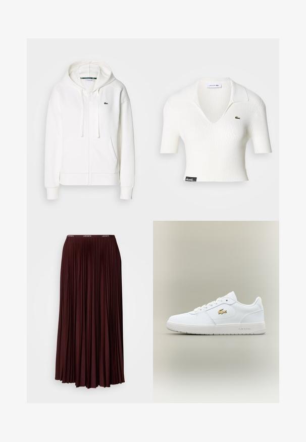 Witte zip-up hoodie gemaakt van zachte stof, met een capuchon, kangoeroezakken en een klein groen Lacoste-logo op de linkerborst.; Witte geribbelde cropped polo met een V-hals, korte mouwen en een groen Lacoste krokodil logo op de linkerborst. Zwart label aan de zoom.; Bordeaux plissé rok van zachte stof met een elastische tailleband en een subtiele logo. Volledige lengte ontwerp met verticale plooien.; Witte leren sneakers met een laag ontwerp, ronde neus, vetersluiting en een gouden Lacoste-logoaccent aan de zijkant.