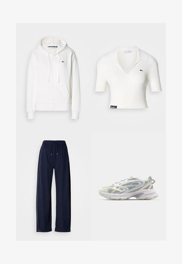 Weißer Reißverschluss-Hoodie aus weichem Stoff, mit Kapuze, Kängurutaschen und einem kleinen grünen Lacoste-Logo auf der linken Brust.; Weißes geripptes, kurzes Polohemd mit V-Ausschnitt, kurzen Ärmeln und grünem Lacoste-Krokodil-Logo auf der linken Brust. Schwarzes Etikett am Saum.; Marineblaue, weit geschnittene Hose aus einem weichen Material. Sie verfügt über einen elastischen Bund mit Kordelzug und metallischen Akzenten am Saum.; Mesh-Sportschuh in Grau und Creme, mit strukturiertem Obermaterial, verstärkter Spitze und einer hellen, robusten Laufsohle für besseren Halt.