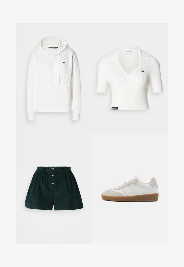 Valge lukuga kapuutsiga dressipluus, mis on valmistatud pehmest kangast. Sellel on kapuuts, konksukotid ja vasakul rinnal väike roheline Lacoste logo.; Valge ribaga lühikeste varrukatega V-kaelusega lühike polo särk, mille vasakul rinnal on roheline Lacoste krokodilli logo. Must silt allääres.; Tumedast rohelised corduroy lühikesed püksid elastse vöökohtaga, ees kolm nööpi ja külje peal tikandiga logo detail.; Valged nahast spordijalatsid, millel on beežist sametist aksessuaarid, tekstureeritud keel ja kummitald. Omab valgeid paelu ja peeneid õmblusdetailide.