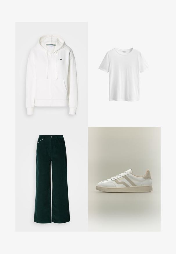 Weißer Reißverschluss-Hoodie aus weichem Stoff, mit Kapuze, Kängurutaschen und einem kleinen grünen Lacoste-Logo auf der linken Brust.; Einfarbiges weißes kurzärmliges Baumwoll-T-Shirt mit Rundhalsausschnitt und GANT-Markenetikett innen am Kragen, dargestellt auf weißem Hintergrund.; Weite Cordhosen in Dunkelgrün. Verfügen über eine horizontale, gerippte Textur, Vordertaschen und einen Knopfverschluss mit Markenakzenten.; Weißer Sneaker mit niedrigem Schaft, beigen Akzenten, Schnürsenkeln und strukturierter Sohle, mit dem Markennamen "GANT" an der Seite.