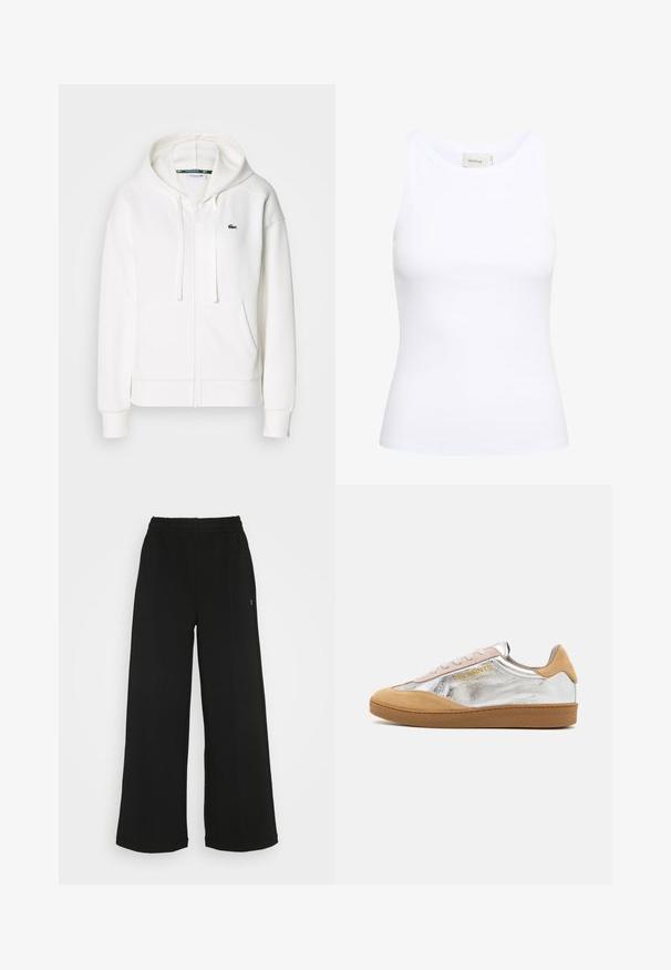 Biely zipsový mikina vyrobená z mäkkej tkaniny, s kapucňou, klokankovými vreckami a malým zeleným logom Lacoste na ľavej hrudi.; Biela rebrovaná tielko s okrúhlym výstrihom a bez rukávov. Elastický materiál a priliehavý strih. Ozdobná nášivka na zadnej strane znie "GESTUZ."; Čierne široké nohavice s elastickým pásom. Vyrobené z mäkkého, ľahkého materiálu. Obsahujú vertikálne švy po prednej strane.; Strieborné a béžové semišové tenisky s textúrovanou gumovou podrážkou, béžovými šnúrkami a logom potlačeným v žltej farbe na boku.