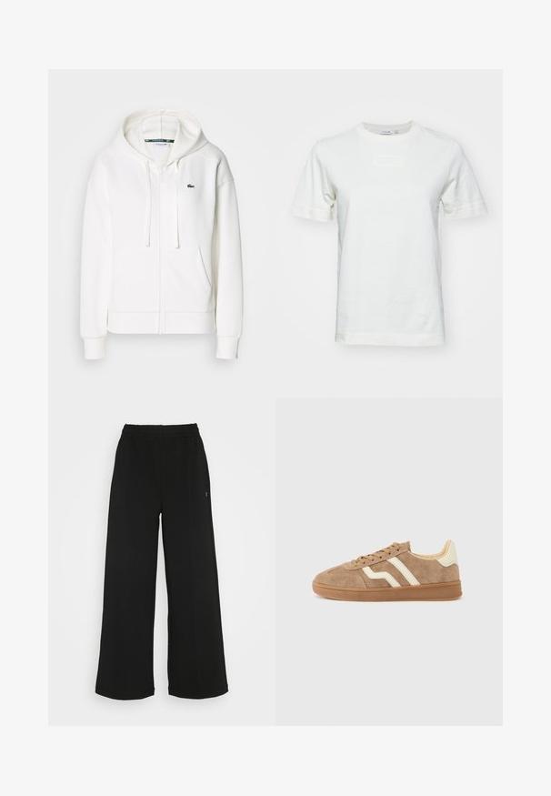 Biely zipsový mikina vyrobená z mäkkej tkaniny, s kapucňou, klokankovými vreckami a malým zeleným logom Lacoste na ľavej hrudi.; Biela bavlnená tričko s krátkymi rukávmi, okrúhlym výstrihom a textúrovaným logom "LACOSTE" na prednej strane. Hladká tkanina s bežným strihom.; Čierne široké nohavice s elastickým pásom. Vyrobené z mäkkého, ľahkého materiálu. Obsahujú vertikálne švy po prednej strane.; Hnedá semišová teniska s bielymi pruhmi, okrúhla špička, béžový vnútorný povrch a gumová podrážka. Šnúrky s textúrovaným povrchom.
