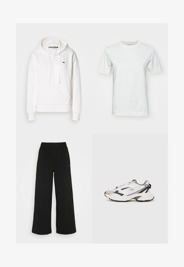 Weißer Reißverschluss-Hoodie aus weichem Stoff, mit Kapuze, Kängurutaschen und einem kleinen grünen Lacoste-Logo auf der linken Brust.; Weißes Baumwoll-T-Shirt mit kurzen Ärmeln, Rundhalsausschnitt und einem strukturierten "LACOSTE"-Logo auf der Vorderseite. Glatter Stoff mit normaler Passform.; Schwarze weit geschnittene Hose mit einem elastischen Bund. Hergestellt aus einem weichen, leichten Material. Mit vertikalen Nähten an der Vorderseite.; Weiße und graue Sneaker mit Obermaterial aus Mesh, schwarzen Akzenten und strukturierten Sohlen. Verfügt über Schnürsenkel, Branding und kontrastierende Designelemente.