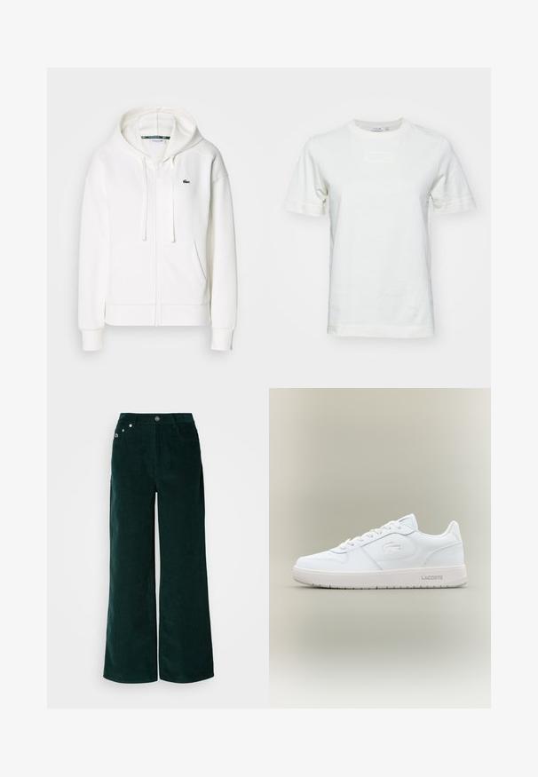 Weißer Reißverschluss-Hoodie aus weichem Stoff, mit Kapuze, Kängurutaschen und einem kleinen grünen Lacoste-Logo auf der linken Brust.; Weißes Baumwoll-T-Shirt mit kurzen Ärmeln, Rundhalsausschnitt und einem strukturierten "LACOSTE"-Logo auf der Vorderseite. Glatter Stoff mit normaler Passform.; Weite Cordhosen in Dunkelgrün. Verfügen über eine horizontale, gerippte Textur, Vordertaschen und einen Knopfverschluss mit Markenakzenten.; Weiße Ledersneaker mit glatter Oberfläche, runder Zehenpartie, Schnürsenkeldesign und einem dezent geprägten Logo an der Seite. Verfügt über eine Gummisohle.