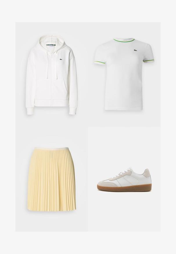 Weißer Reißverschluss-Hoodie aus weichem Stoff, mit Kapuze, Kängurutaschen und einem kleinen grünen Lacoste-Logo auf der linken Brust.; Weißes Baumwoll-T-Shirt mit kurzen Ärmeln, runder Ausschnitt und grünen sowie gelben Ripp-Details am Kragen und den Ärmelabschlüssen. Lacoste-Logo auf der Brust.; Heller gelber, plissierter Rock mit einem Bund, der das Lacoste-Logo trägt. Hergestellt aus leichtem Material, hat er ein fließendes Design und eine glatte Textur.; Weiße Leder-Sneaker mit beige Suede-Akzenten, strukturiertem Zungenbereich und Gummisohle. Verfügt über weiße Schnürsenkel und dezente eingestickte Details.