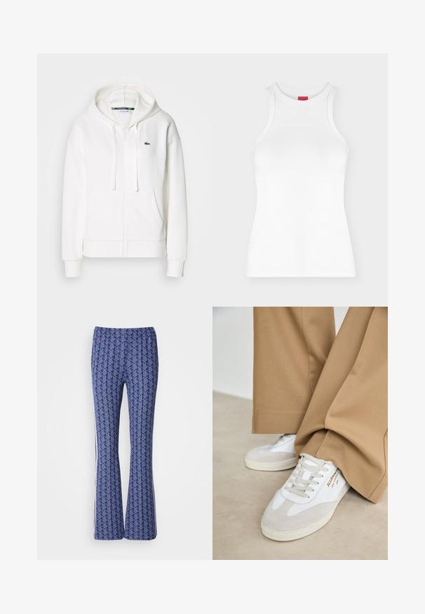 Weißer Reißverschluss-Hoodie aus weichem Stoff, mit Kapuze, Kängurutaschen und einem kleinen grünen Lacoste-Logo auf der linken Brust.; Weißes ärmelloses, geripptes Tanktop mit hohem Rundhalsausschnitt und figurbetonter Form, abgebildet auf einfachem hellem Hintergrund.; Blaue gemusterte Schlaghosen mit geometrischem Design, elastischem Bund und weißen Streifen an den Seiten. Glatte Textur auf der gesamten Fläche.; Weiße Sneakers mit Wildlederakzenten, strukturierten Schnürsenkeln und einer Gummisohle. Kombiniert mit lockeren, sandfarbenen Hosen. Logo an der Seite angebracht.