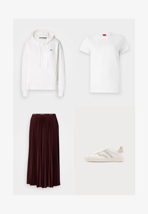 Witte zip-up hoodie gemaakt van zachte stof, met een capuchon, kangoeroezakken en een klein groen Lacoste-logo op de linkerborst.; Witte T-shirt met korte mouwen, gemaakt van lichtgewicht katoen. Heeft een ronde hals en opgerolde mouwen. Rode merketiket op de kraag.; Bordeaux plissé rok van zachte stof met een elastische tailleband en een subtiele logo. Volledige lengte ontwerp met verticale plooien.; Witte lage sneaker met beige suède details en witte veters, met een gestructureerde zool en subtiele branding aan de zijkant.