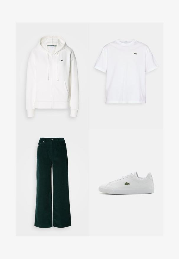 Biely zipsový mikina vyrobená z mäkkej tkaniny, s kapucňou, klokankovými vreckami a malým zeleným logom Lacoste na ľavej hrudi.; Biela bavlnená tričko s okrúhlym výstrihom a krátkymi rukávmi. Obsahuje zelené vyšívané logo na hrudi. Mäkka textúra, voľný strih.; Široké manžety z kordurovej látky tmavozelenej farby. Majú horizontálnu rebrovanú textúru, predné vrecká a zapínanie na gombík s výraznými značkovými prvkami.; Biele kožené tenisky s okrúhlym špičkou, šnurovacími detailmi, zeleným vyšitým logom krokodíla a textúrovanou gumovou podrážkou.
