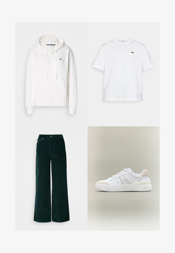 Biely zipsový mikina vyrobená z mäkkej tkaniny, s kapucňou, klokankovými vreckami a malým zeleným logom Lacoste na ľavej hrudi.; Biela bavlnená tričko s okrúhlym výstrihom a krátkymi rukávmi. Obsahuje zelené vyšívané logo na hrudi. Mäkka textúra, voľný strih.; Široké manžety z kordurovej látky tmavozelenej farby. Majú horizontálnu rebrovanú textúru, predné vrecká a zapínanie na gombík s výraznými značkovými prvkami.; Biele tenisky z hladkej kože s béžovými semišovými akcentmi. Majú okrúhly špičku, šnúrkové zapínanie a textúrovanú gumovú podrážku. Bočný detail loga.