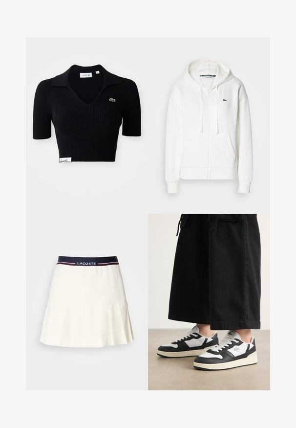 Witte zip-up hoodie gemaakt van zachte stof, met een capuchon, kangoeroezakken en een klein groen Lacoste-logo op de linkerborst.; Zwarte cropped poloshirt van ribstof met een V-hals, korte mouwen en een groen geborduurd logo op de linkerborst. Witte label aan de zoom.; Witte geplooide rok met een marineblauwe tailleband, voorzien van een Lacoste-logo en rode accenten. Gemaakt van een gladde, zachte stof.; Zwart-witte sneakers met een zachte leren bovenkant, geperforeerde teen en een textuur rubberen zool, met een Lacoste-logo aan de zijkant.