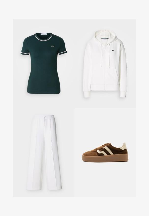 Valge lukuga kapuutsiga dressipluus, mis on valmistatud pehmest kangast. Sellel on kapuuts, konksukotid ja vasakul rinnal väike roheline Lacoste logo.; Tume roheline lühikeste varrukatega T-särk, sobiv disain, valgete äärtega kaeluses ja varrukates, millel on rinnal väike Lacoste logo.; Valged laiade sääreosadega püksid, millel on elastne vöökoht ja nööriga reguleeritav pael. Valmistatud pehmetest kangastest, millel on vertikaalsed õmblused, mis annavad kohandatud välimuse.; Pruun seemisnahast tennisejalanõu beežide triipude, beeži kandmisriba, paksu kummist tallaga ja paeltega kinnitusega, külgvaade ühtlasel taustal.
