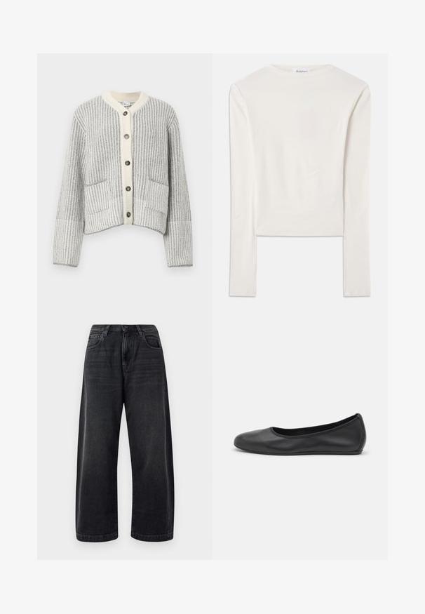 Uldblandet cardigan i grå og cremefarvet, med lodret ribstrik, en fiskebenkrave, seks mørke knapper og to forlommer.; Hvid langærmet top lavet af bomuld, med en simpel rund hals og en slim fit. Stof er glat med en let stræk.; Bredde ben sorte jeans lavet af denim, med et klassisk fem-lomme design, subtil fading og en knaplukning i taljen.; Sort læderballetsko med rund tå, glat tekstur, minimal syning og et fleksibelt såldesign.