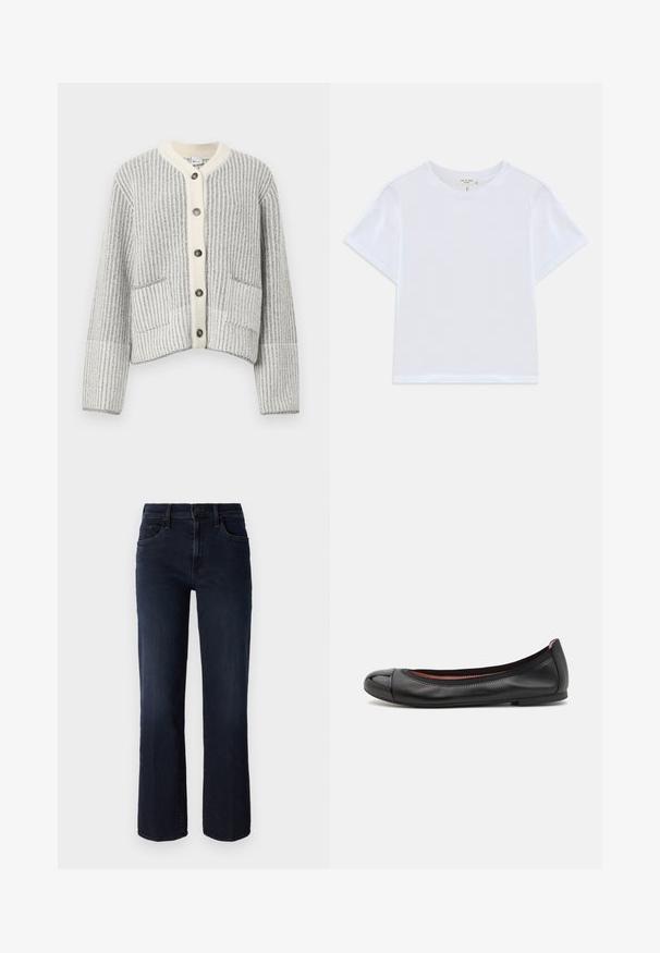 Uldblandet cardigan i grå og cremefarvet, med lodret ribstrik, en fiskebenkrave, seks mørke knapper og to forlommer.; Hvid cropped t-shirt lavet af blødt bomuld, med rund hals og korte ærmer og en let løs pasform. Ingen mønstre eller accenter.; Mother THE MID RISE RAMBLER - Jeans Straight Leg - dunkelblau; Sorte læder balletflade med en rund tå og blanke kapdetaljer. Har en glat tekstur og subtil syning langs den øverste kant.