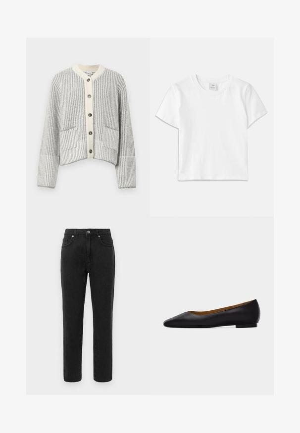 Strickjacke aus Wollmischung in Grau und Creme, mit vertikalen Rippen, Fischgrätkragen, sechs dunklen Knöpfen und zwei Taschen vorne.; Weißes Baumwoll-T-Shirt mit Rundhalsausschnitt, kurzen Ärmeln und geradem Saum. Etikett mit der Aufschrift "Won Hundred" an der Mitte des Ausschnitts.; Schwarze Jeans aus Denim mit geradem Bein, klassischer fünf-Taschen-Design und Knopfverschluss. Enthält dezente Nähte.; Schwarzer flacher Schuh aus Leder mit spitz zulaufender Vorderkappe, niedrigem Absatz und glatter Oberfläche, von der Seite vor einem hellgrauen Hintergrund dargestellt.