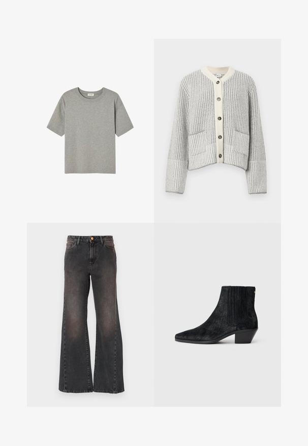 Strickjacke aus Wollmischung in Grau und Creme, mit vertikalen Rippen, Fischgrätkragen, sechs dunklen Knöpfen und zwei Taschen vorne.; Graues Kurzarm-T-Shirt aus weicher Baumwolle mit Rundhals und lockerer Passform, ohne auffällige Muster oder Akzente.; Schwarze, verwaschene Jeans mit weitem Bein, vorderen Taschen und Kupferknopfverschluss, flach auf weißem Hintergrund liegend dargestellt.; Schwarze Knöchelstiefel mit spitzem Zehen, strukturiertem haarähnlichem Material, geripptem Seitenpaneel und niedrigem Blockabsatz. Schlichtes und modernes Design.